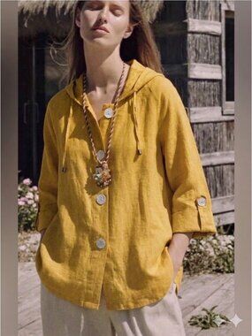 NEW Jones New York LINEN safari jacket shirt hoodie XLARGE mustard Yellow